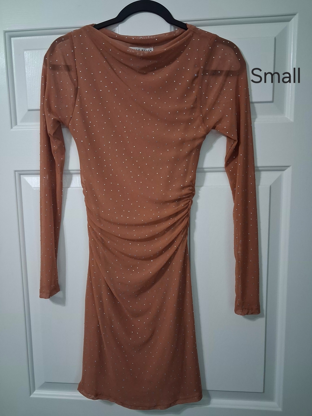 Long Sleeve Ruched Mini Dress in Rust with Sparkle